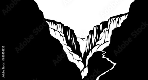 Deep river canyon with steep cliffs silhouette