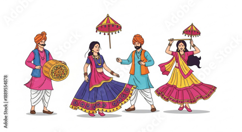 Indian folk dancers in traditional attire performing with musical instruments and umbrellas celebrating culture and festival isolated on white background