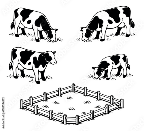 Hand drawn line art farm set featuring cows, a calf, and a wooden fence for agriculture