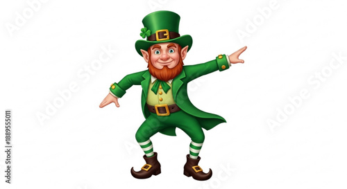 Leprechaun in green coat and hat dancing with joyful expression on white background for st patrick's day