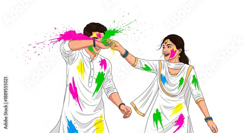 Couple celebrating Holi festival with colored powder joyful cultural tradition with vibrant splashes illustration for Indian holidays and events