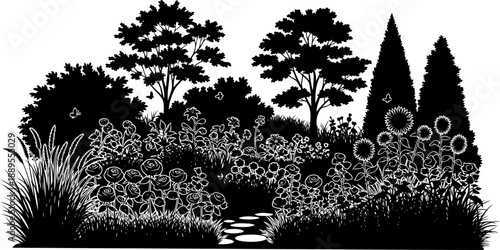 Enchanted garden path with flowers and butterflies silhouette