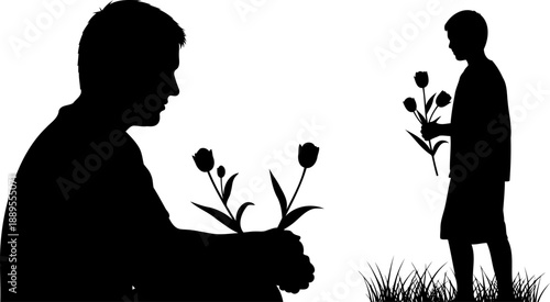Father and son silhouette holding flower bouquets in a field