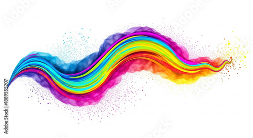Abstract colorful wavy brush stroke with rainbow colors and powder splash dynamic artistic element for design and creative concepts isolated on white