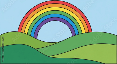 Vibrant rainbow arching over serene green hills landscape with blue sky background