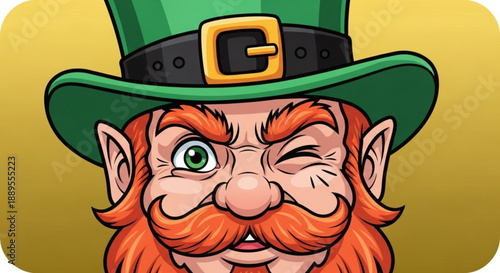 Winking leprechaun face with green hat and red beard on gold background for lucky concepts