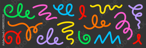 Abstract doodle line shapes, colorful confetti squiggle set. Carnival abstract cute doodle curve confetti design for pattern, line squiggles, geometric shape elements. Vector illustration