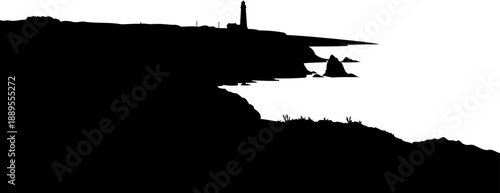 High cliff lighthouse figure overlooking a vast and empty ocean