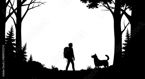 Hiker with backpack and dog in a forest silhouette