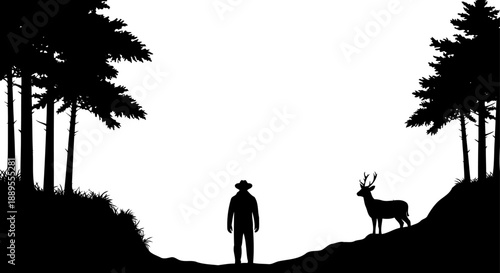 Hunter and buck silhouette in woodland setting
