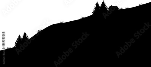 Hillside cabin with pine trees silhouette