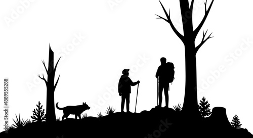 Hikers trekking through forest with dog silhouette