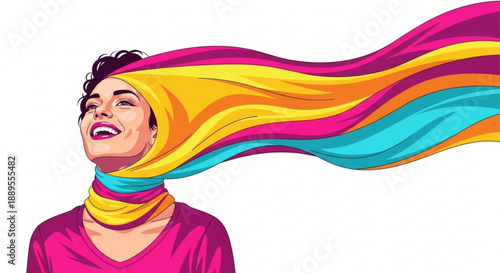 Joyful woman with colorful flowing hair symbolizing creativity and freedom vector illustration for concept art and design