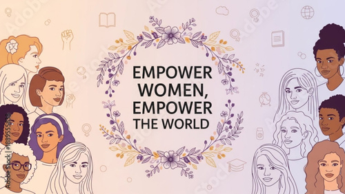 Diverse group of women with Empower Women Empower The World text in floral wreath celebrating female strength and unity for global impact