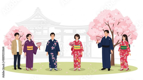 Japanese people in traditional kimono and yukata celebrating spring with cherry blossoms and fans vector illustration for travel and culture concepts