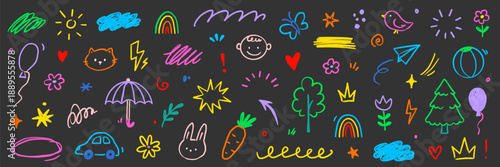 Cute kid baby icon set. Hand drawn kid doodle marker stroke with cute color rainbow, sun, cloud childish background. Cartoon sketch children flower, car, house icon elements. Vector illustration