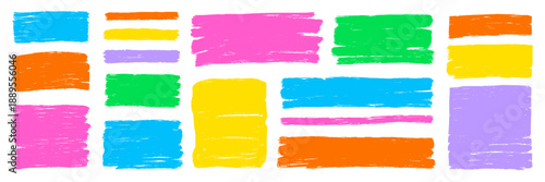 Rectangle, square box frames with colorful brush strokes set. Hand drawn crayon brush strokes square and rectangle doodle frame shapes. Rough grunge texture pastel background. Vector illustration