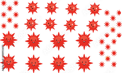 Set of cute smiling sun cartoon icons in different sizes, cheerful summer weather symbols, playful kids vector collection