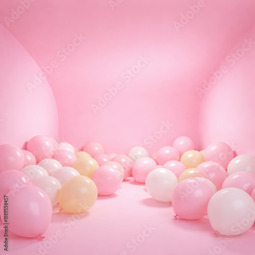 Soft pink balloon filled room with pastel spheres on seamless backdrop for birthday party decor baby shower celebration romantic studio background and social media banner template set