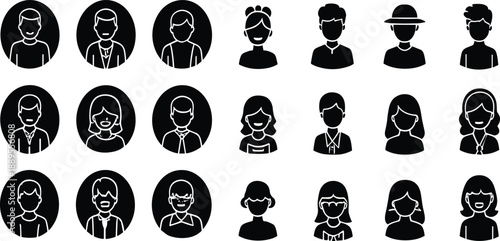 Set of diverse user avatar icons in black and white flat style, people profile silhouettes vector illustration