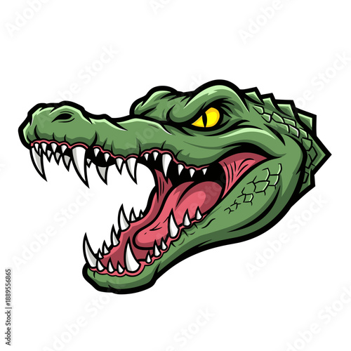 Intimidating Alligator Illustration: A close-up illustration of a ferocious alligator with a wide open mouth and sharp teeth, exuding an aura of primal power and intensity.