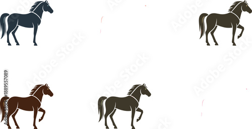 Set of elegant horse silhouettes in different standing and walking poses, flat animal icons, modern equestrian vector illustration