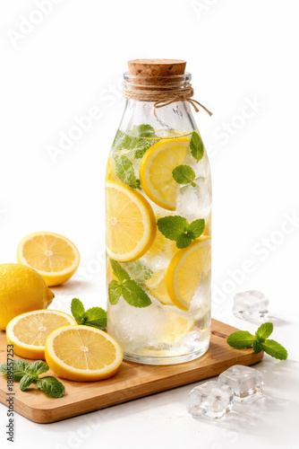 Fresh lemon and mint infused water in glass bottle with ice cubes on white background for detox drink recipe summer hydration healthy lifestyle and citrus refreshment branding mocktail menu