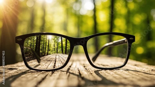 Eyeglasses on wooden surface reflecting clear forest path sunlight