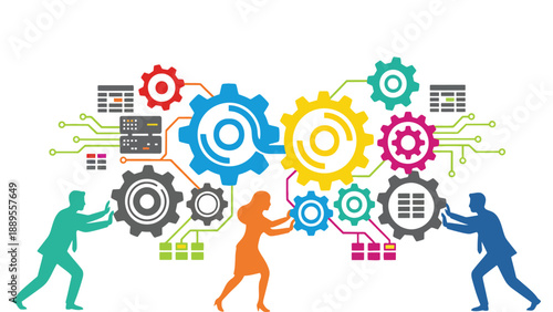 A team of people working together to build a complex system with colorful gears and technology