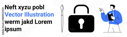 Data security, creative design, digital work, teamwork, art education, and privacy management. A lock icon, a paintbrush and a professional holding a clipboard. Data security and creative design