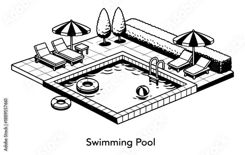 Isometric line art illustration of a swimming pool depicting a summer vacation scene with lounge chairs and umbrellas for holiday and leisure designs