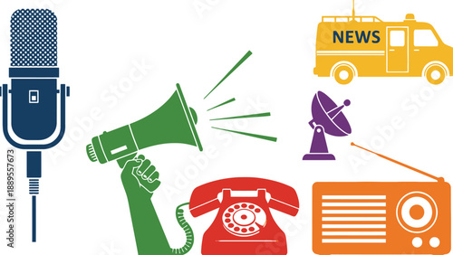 A colorful illustration of various media and communication devices and tools.