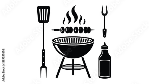 A black and white illustration of a barbecue grill with utensils and sauce