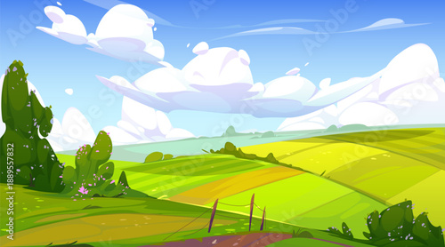 Rural Landscape with Green Agricultural Fields, Rolling Hills, and Blue Sky Illustration