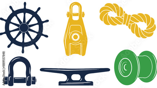 A collection of nautical icons including a ship wheel and rope