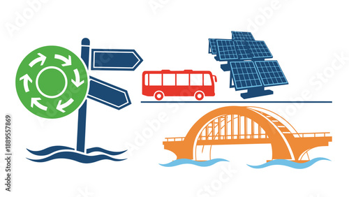 An illustration representing eco-friendly transportation and sustainable energy solutions