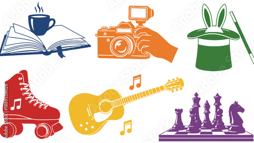 A colorful illustration of various hobbies and leisure activities icons.
