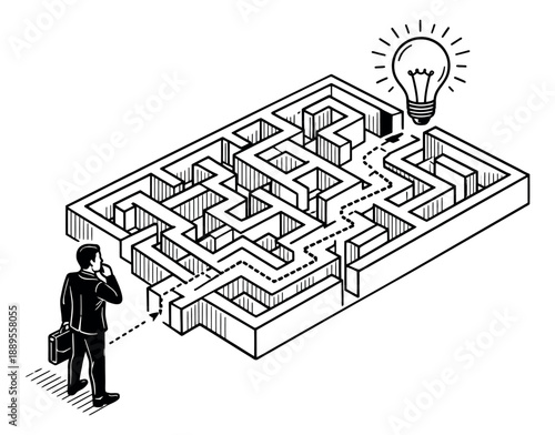 Line art illustration of a businessman looking at a maze depicting problem solving and a new idea for business strategy