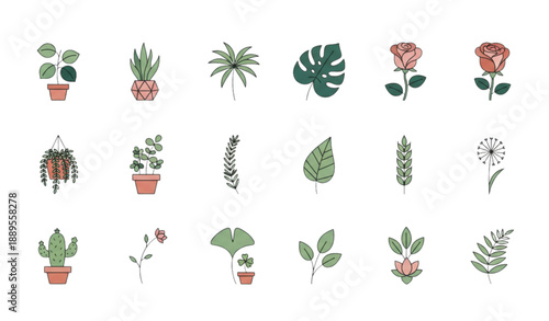 Elegant botanical icon set with minimalist plants and floral elements in modern flat style