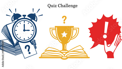 A colorful illustration of a quiz challenge with a clock, trophy, and exclamation