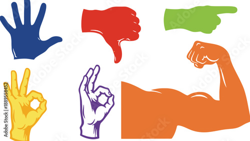 A colorful illustration of various hand gestures and a flexed arm