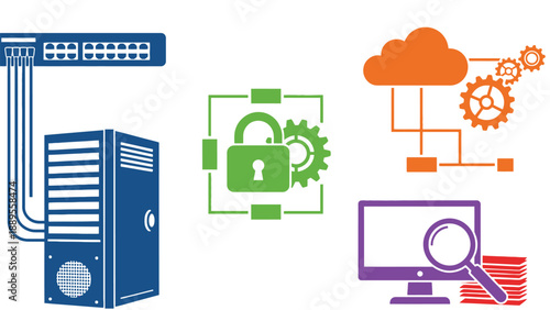 A computer server with network cables and icons representing data security and analysis