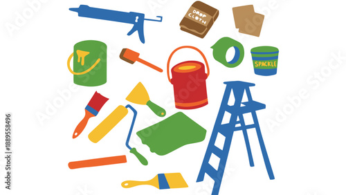 A collection of colorful painting tools and supplies on a white background
