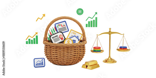 Financial Portfolio Basket Investing, Trading, Gold, and Balance Scales
