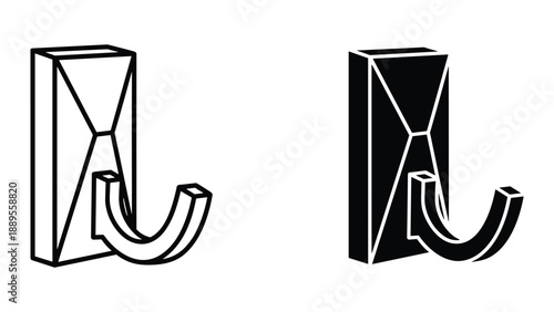 Black and white illustration of a 3d hook