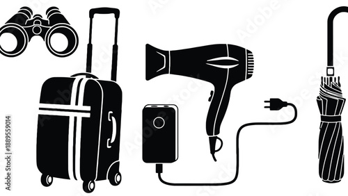 A collection of travel accessories on a white background