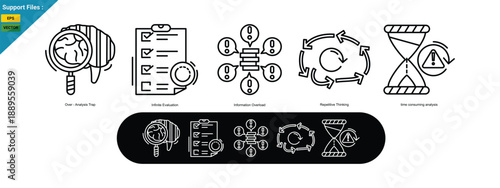 Analysis paralysis is depicted with icons of a magnifying glass, checklist, and stacked papers, symbolizing overthinking and indecision. Outline icons set