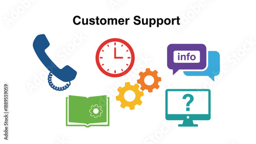 A colorful illustration of customer support icons on a white background