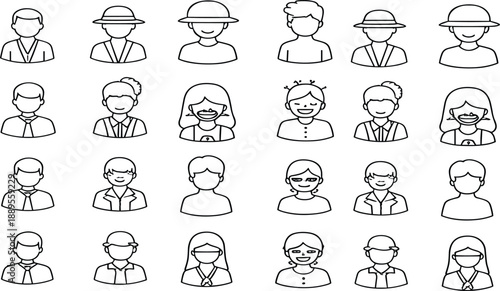 Set of line style user avatar icons with diverse people faces, minimal outline profile vector illustration collection
