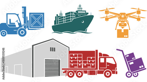 A collection of logistics and transportation icons on a white background